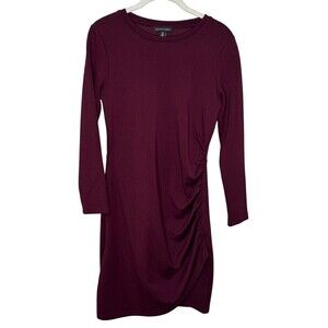 Saks Fifth Avenue Dress Size Small Burgundy Ruched Side Long Sleeve Bodycon Knit
